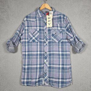 Buffalo David Bitton Long Shirt Large Purple Plaid Pearl Snap Western Syris NWT
